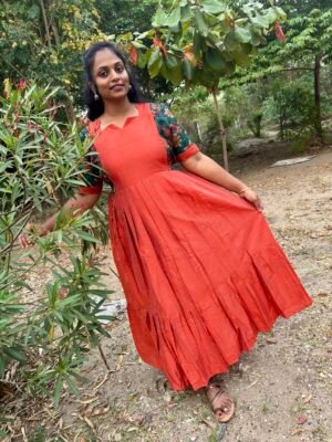 Orange Raw silk fabric with organza maxi