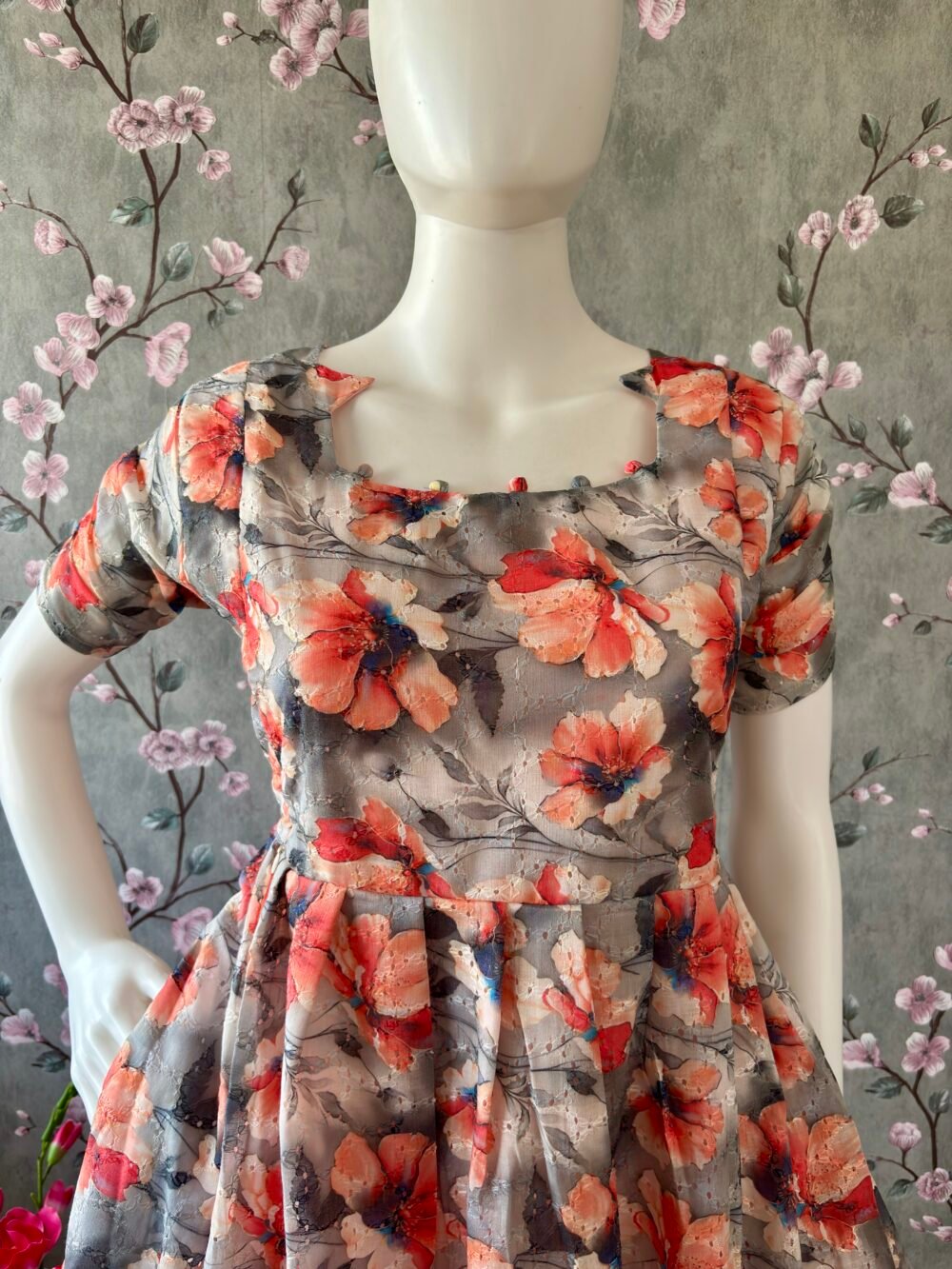 Grey floral hakoba cotton maxi