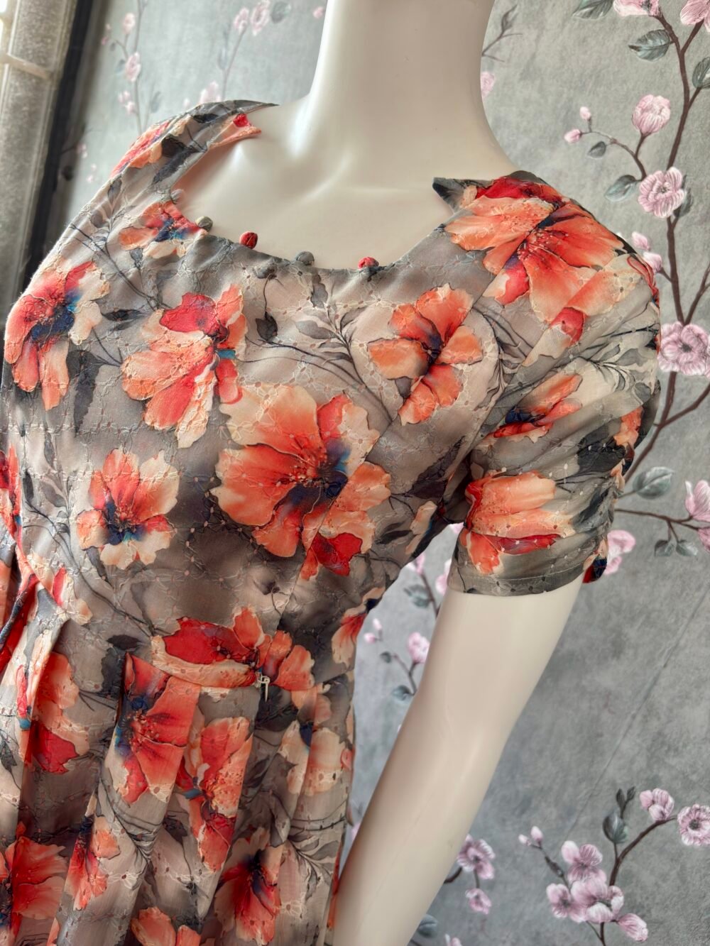 Grey floral hakoba cotton maxi