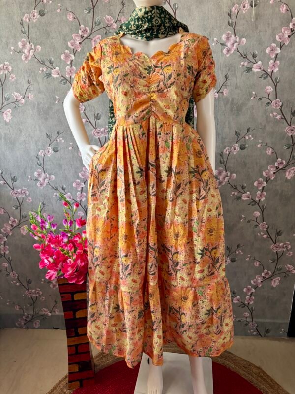 Yellow floral hakoba cotton maxi
