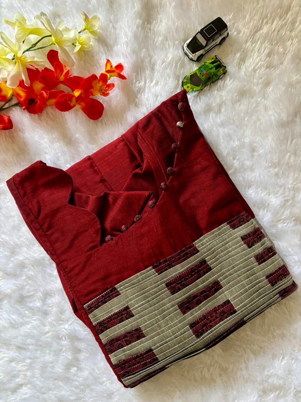 Maroon & silver raw silk maxi