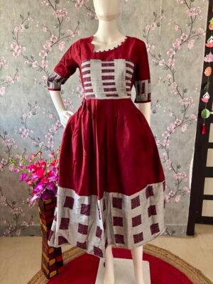 Maroon & silver raw silk maxi