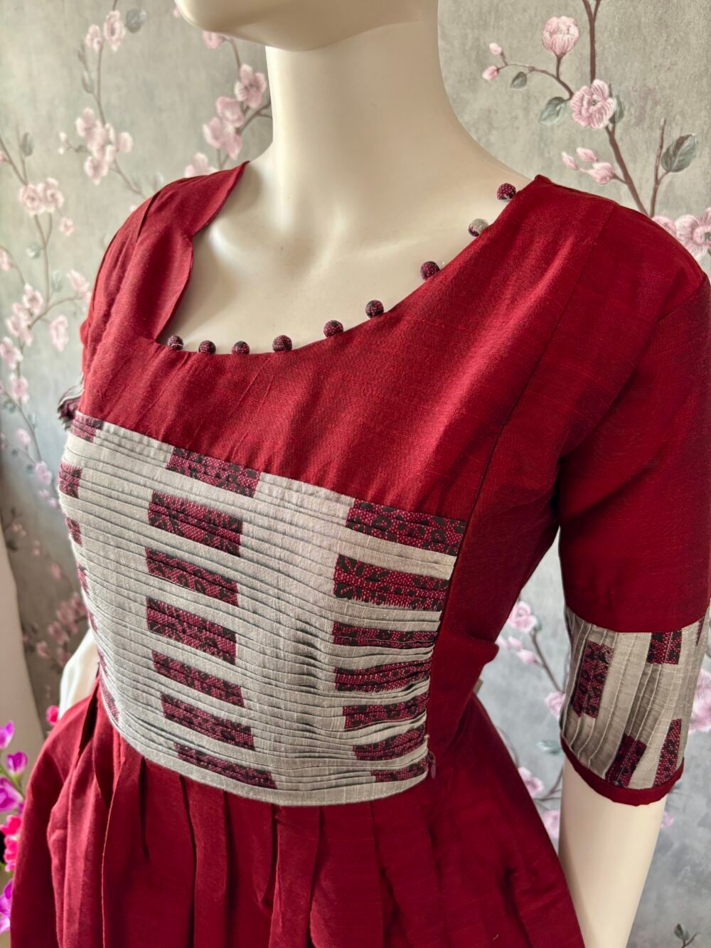 Maroon & silver raw silk maxi
