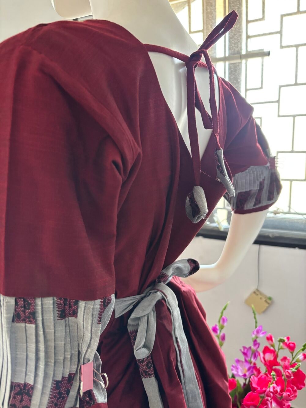 Maroon & silver raw silk maxi