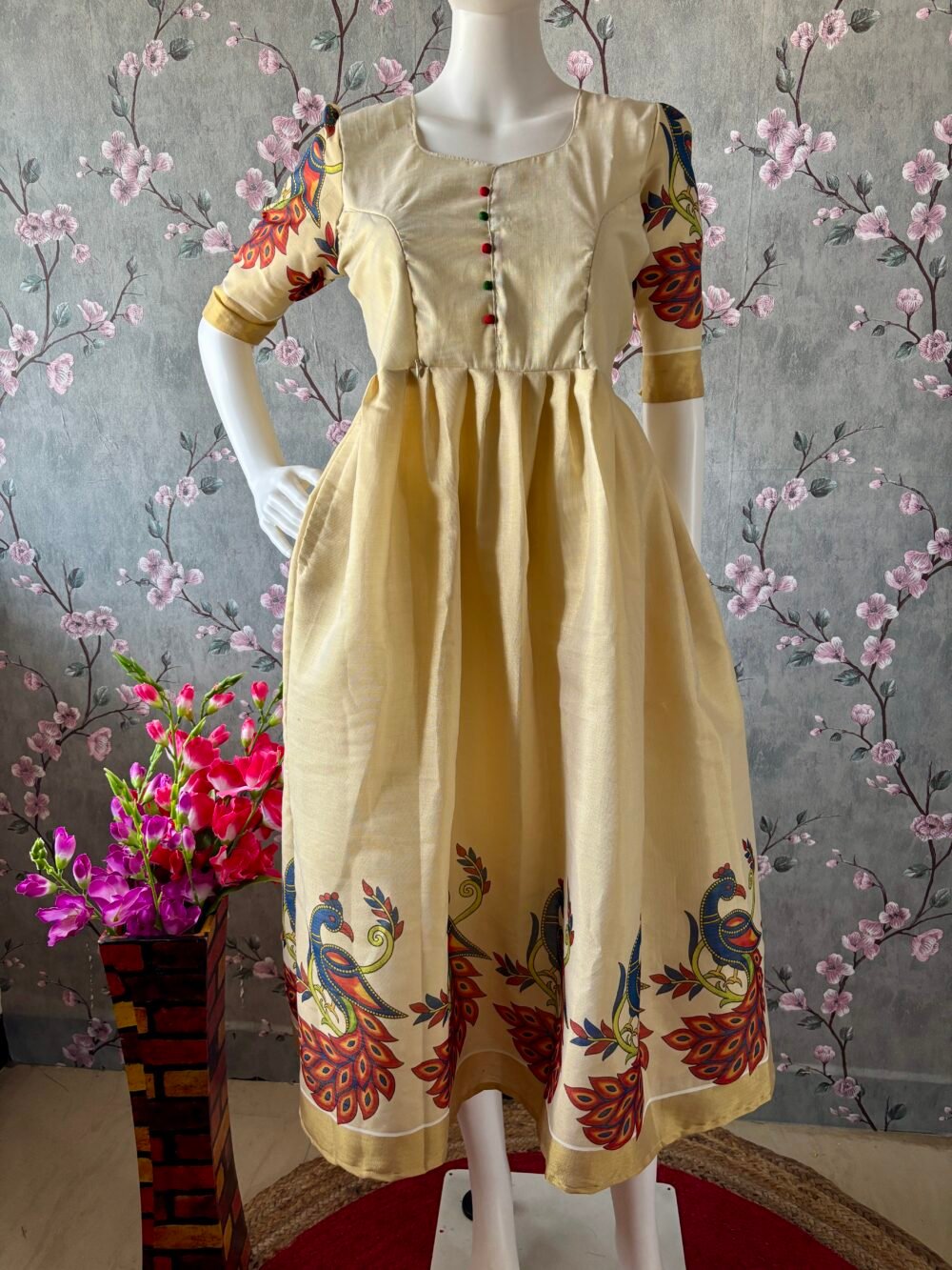 Vishu special Kerala tissue peacock printed maxi
