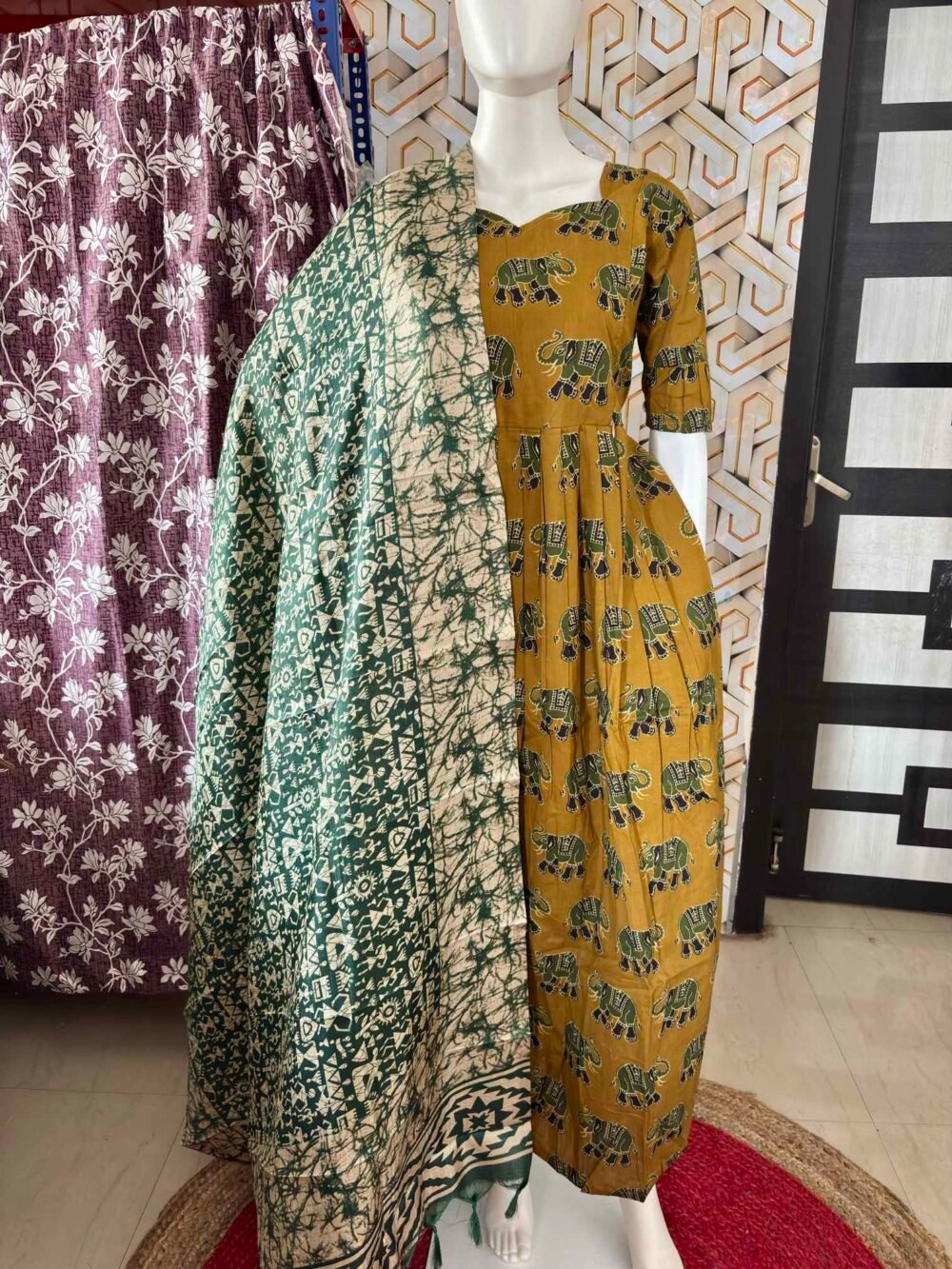 Elephant printed cotton maxi with duppata