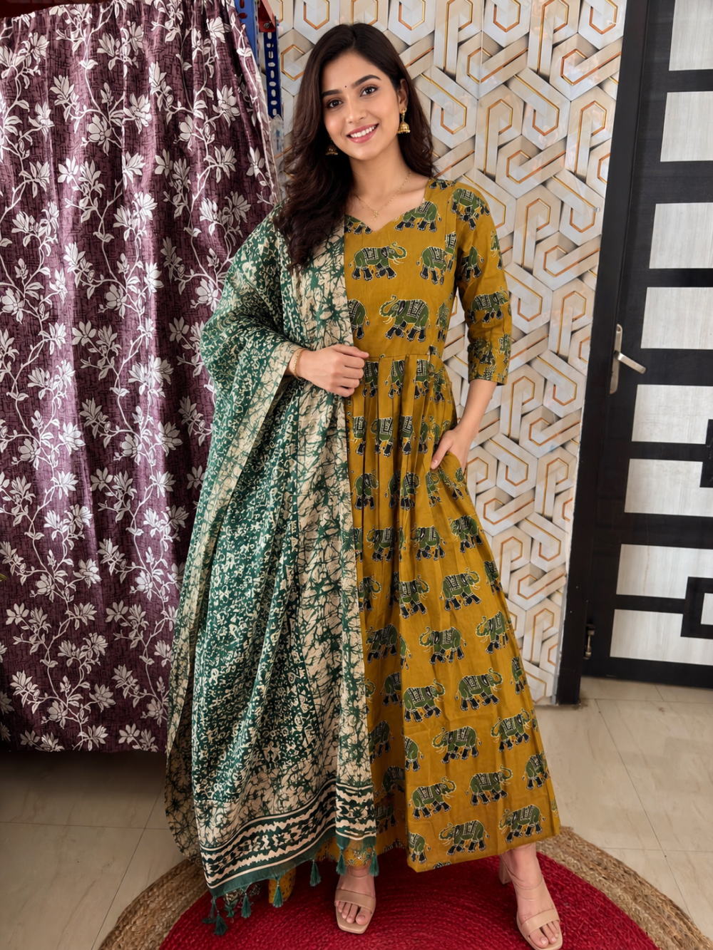 Elephant printed cotton maxi with duppata